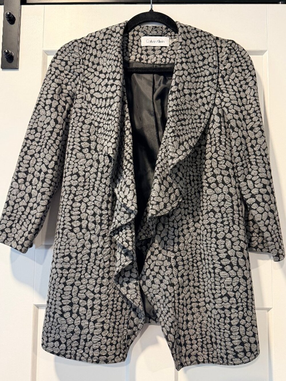 Vintage Calvin Klein Black & Gray Geometric Knit Open Jacket w/ Ruffle Edges